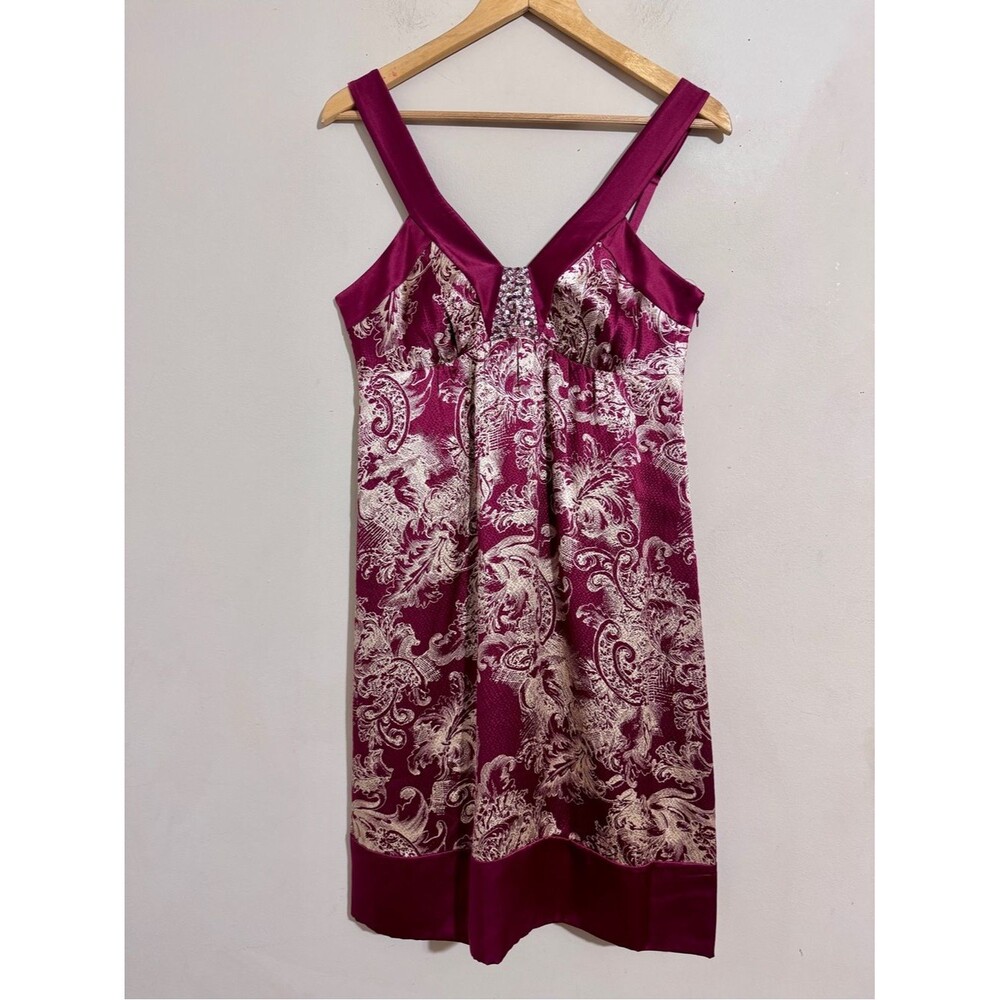 BCBGMaxazria Sleeveless Silk Babydoll Mini Dress Maroon Printed size 8 Y2K Party